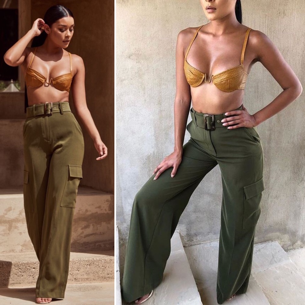 NWT HOUSE OF CB Laurel Khaki Green Pants Wide Leg Cargo Pockets High Waist